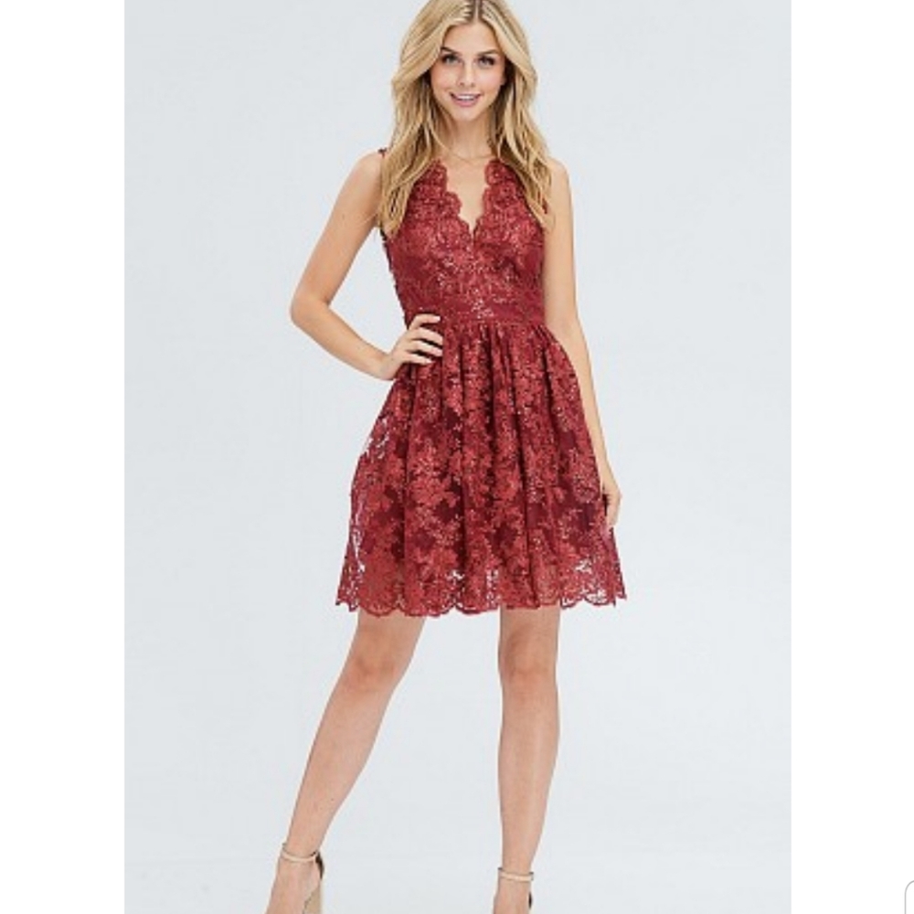 Red, embroidery lace, fit and flare mini d…